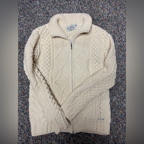 Vintage Blarney Aran Fisherman Irish Cable Knit Wool Cardigan SZ Small Zip Up - Picture 1 of 5